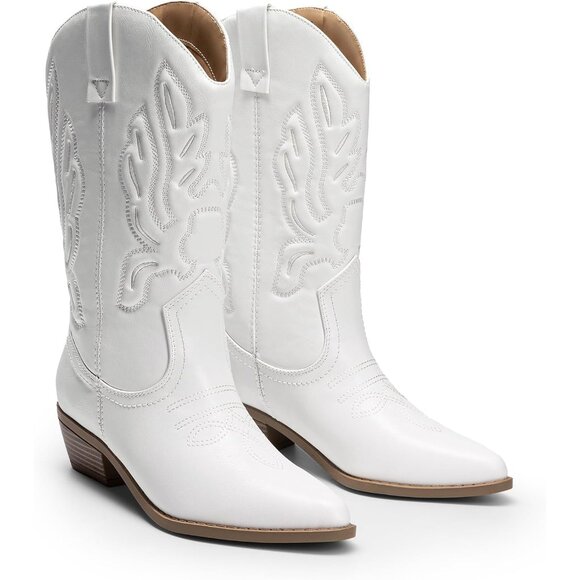 Women's White-pu Mid Calf Western Embroidery Stitched Faux Leather Cowgirl Boots - Picture 5 of 7